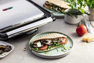 Контактний гриль Tefal Inicio GC241D Електричний гриль/бутербродниця Гриль з низьким вмістом жиру Паніні, Тости, Стейк, Овочі Пластини для гриля з антипригарним покриттям 2000 Вт 36,3x10,8x33,2 см Нержавіюча сталь/чорний єдиний стандарт