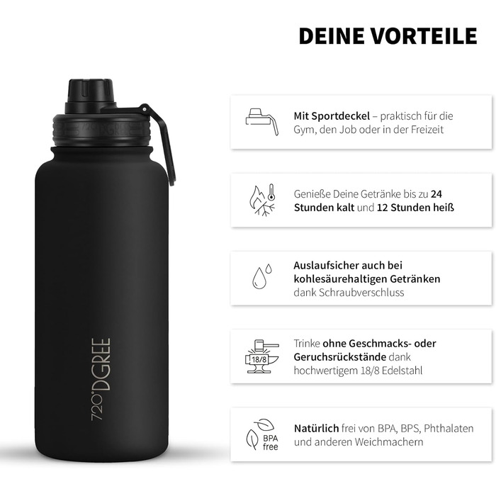 Термос для води 720DGREE з нержавіючої сталі 950 мл noLimit фруктовий інфузер - герметичний, підходить для газованих напоїв, без BPA - ізольований пляшка з кришкою, що закручується, для спорту, активного відпочинку, фітнесу спортивна кришка 950 мл 01 Онік