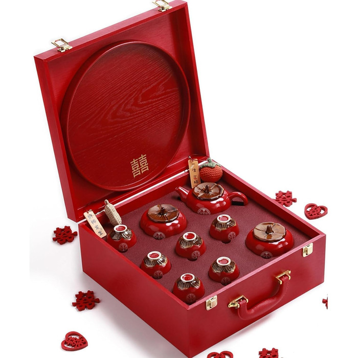 Чайний сервіс Кунгфу Традиційний китайський керамічний набір для чаювання молодят, святковий червоний колір, ідеально підходить для церемонії та весільного святкування