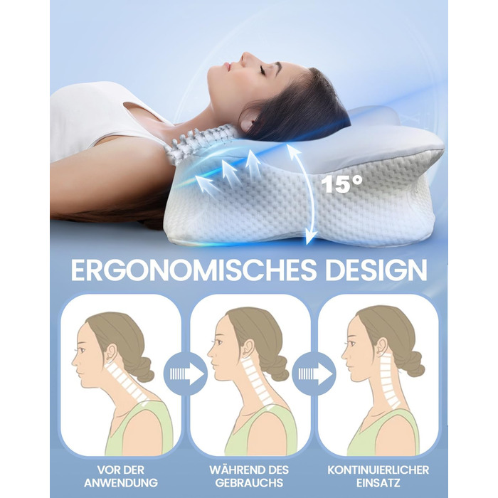 Велика подушка для шиї, подушка для голови, подушка для підтримки шиї, подушка з піни з ефектом пам&39яті, ергономічна ортопедична подушка з наволочкою, подушка для сну на боці, спині та животі - 60 x 34 см x 9/13 см, сірий