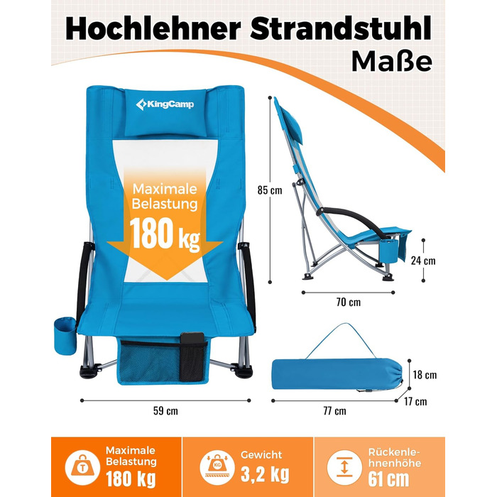 Низький складний пляжний стілець KingCamp, легкий, витримує до 180 кг, складний пляжний стілець із сітчастою спинкою, тримачем для напоїв та сітчастою кишенею, легкий складний кемпінговий стілець, складний стілець для пляжного кемпінгу Hr 2 шт., синє сітч