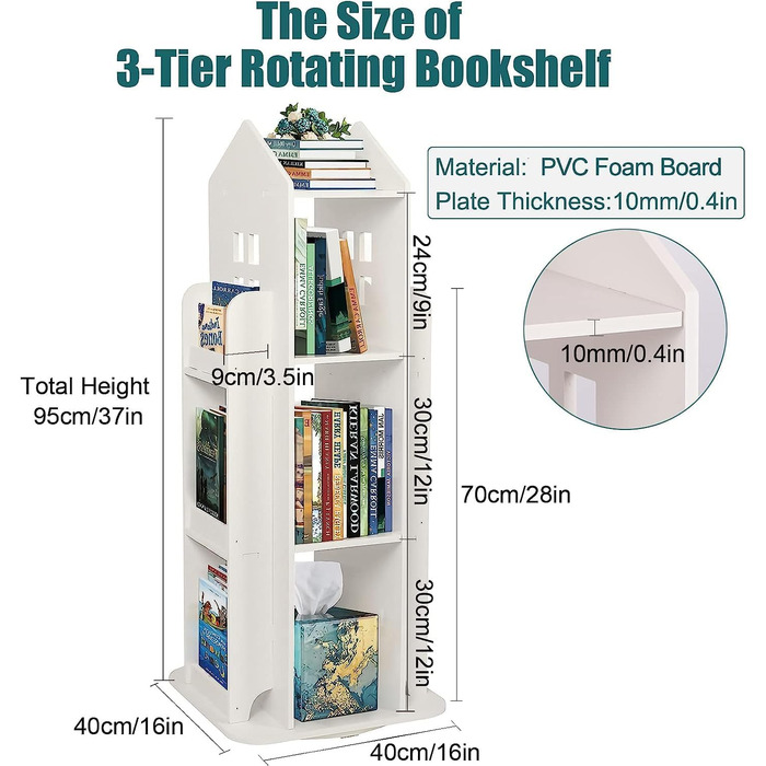 Рівнева обертова книжкова полиця для дітей, полиця, обертова полиця, біла, обертова книжкова полиця, підлогова полиця, дитяча книжкова полиця для спальні, вітальні, кабінету, 40x40x95 см, 3-