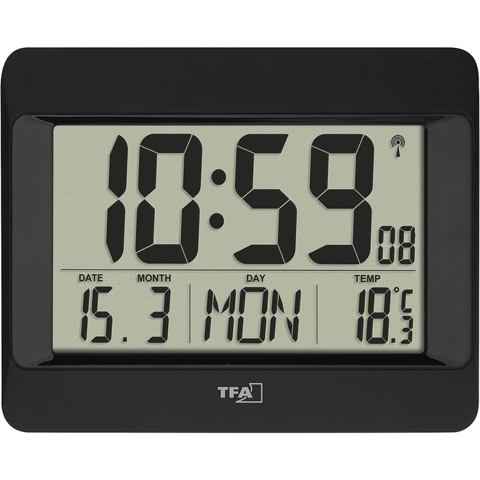 Настінний годинник TFA Dostmann цифровий, 60.4519.01, радіокерований годинник з температурою в приміщенні, днем тижня (8 мов), дат