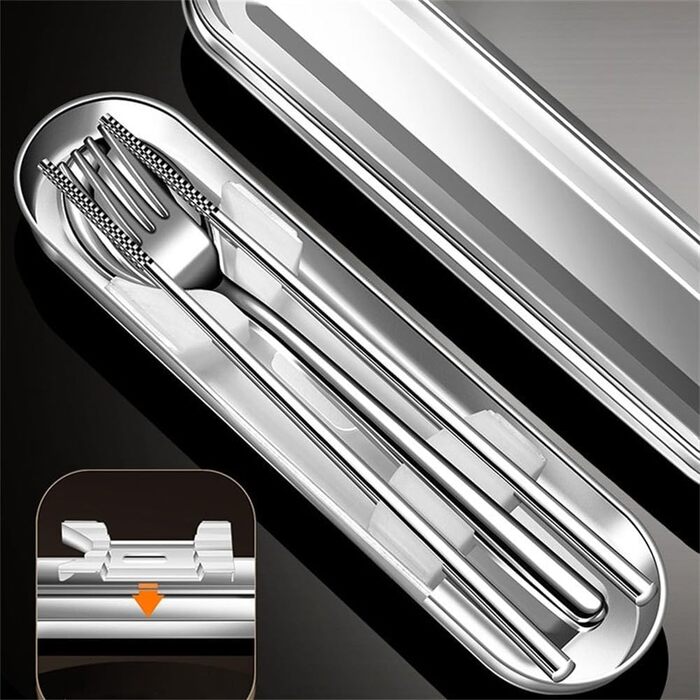 Набір столових приборів з нержавіючої сталі для подорожей з коробкою виделка, ложка, палички для їжі - для офісу, кемпінгу, пікніка та використання на природі