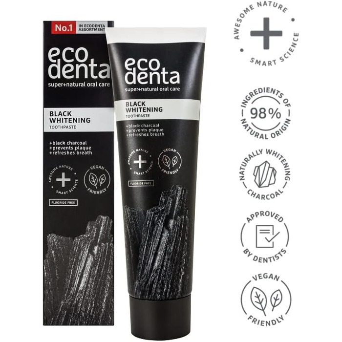 Косметичний набір для гігієни порожнини рота Ecodenta Black Whitening i Відбілювання зубів з чорним вугіллям 100 мл і ополіскувач для рота з чорним антрацитом, 500 мл i Набір для відбілювання зубів з активованим вугіллям чорного кольору x2