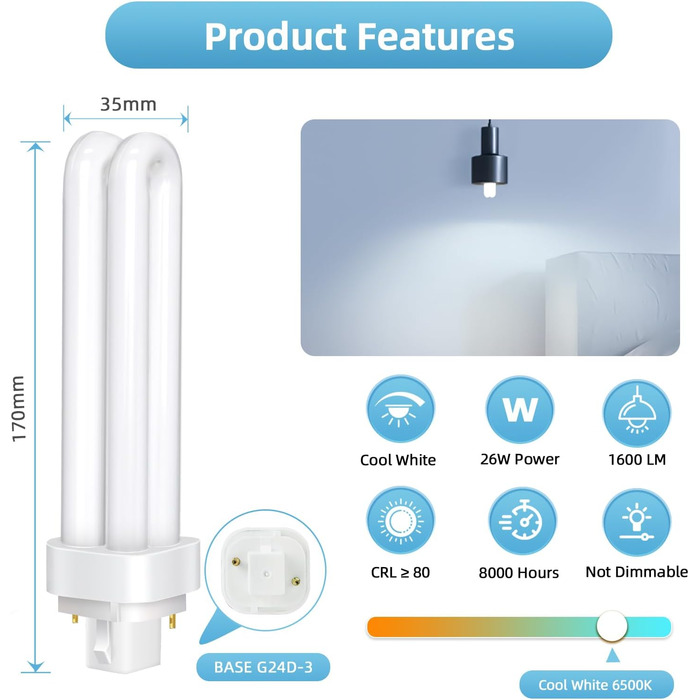 Контактні лампи PLC Tube 26W, холодне біле світло 6500K, 1600LM, 2U подвійна обертова трубка, високоефективна люмінесцентна лампа з низьким споживанням, підходить для кухні, їдальні, офісу, 24d-3 2-