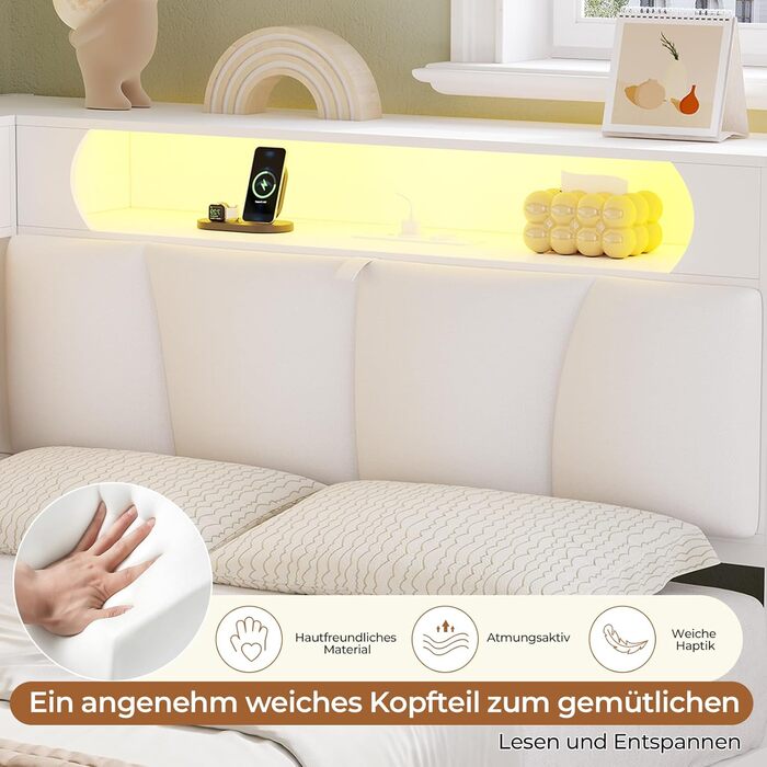 Дитяче ліжко DICTAC 90x200 з 6 шухлядами, світлодіодним освітленням та зарядною станцією Багатофункціональне ліжко з мяким узголівям, вбудованою тумбочкою та прихованим місцем для зберігання в узголівї (біле)