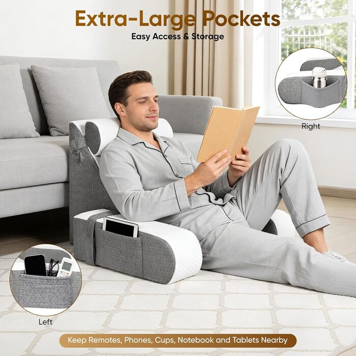 Подушка для читання зі знімним потиличним валиком та підлокітником, ергономічна подушка для спини/книги з кишенею для зберігання та чохлом, який можна прати, для ліжка та дивана для читання, роботи, сну та перегляду телевізора