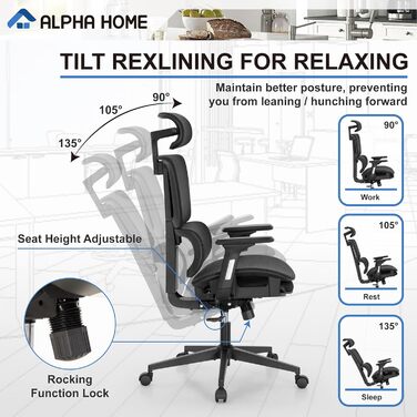 Офісне крісло ALPHA HOME, ергономічне робоче крісло з підставкою для ніг та регульованим підголівником, дихаюче крісло керівника з 3D-підлокітниками та високою спинкою, комп&39ютерне крісло, витримує вагу до 160 кг, чорне - з підставкою для ніг та підголі