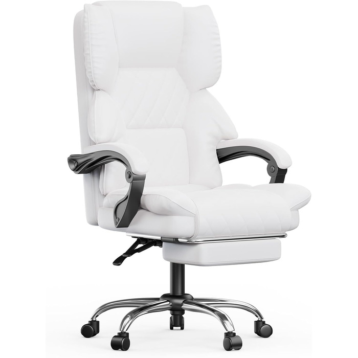 Офісне крісло naspaluro з підставкою для ніг, ергономічне робоче крісло, комп&39ютерне крісло зі штучної шкіри з м&39якими підлокітниками та м&39яким підголівником, функція нахилу, поворотне крісло з регулюванням висоти, білий колір, без підігріву