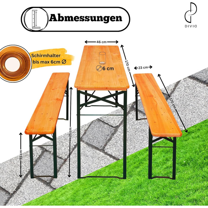 Комплект пивних наметів DIVID, 3-елементний, складаний та портативний, комплект пивних наметів, 2 лавки та 1 стіл, тримач для парасольки, дерев&39яний, комплект сидінь, пивний стіл, 170x46x75, комплект садових меблів