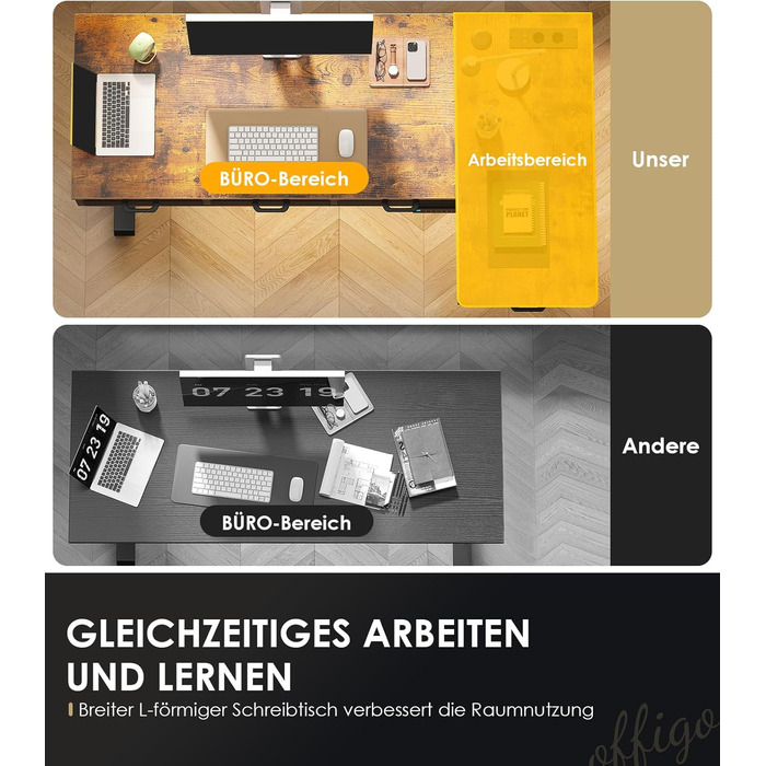 Кутовий стіл OffiGo, регульована висота, 160x80 см, Стіл з регульованою висотою та 4 шухлядами, електричний L-подібний стіл з розеткою для офісу та навчання, великий кутовий стіл, вінтажний коричневий, 160 x 80 см