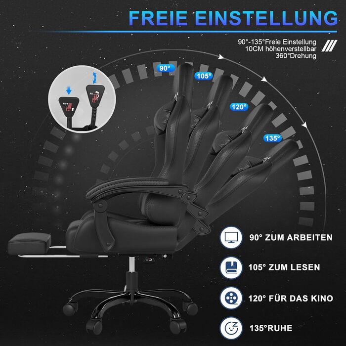 Ігрове крісло JUMMICO з масажем, ергономічне офісне крісло з масажною поперековою подушкою, ігрове крісло з регульованою спинкою 90-135 та підставкою для ніг, ігрове крісло з вантажопідйомністю 150 кг, чорне, маленьке