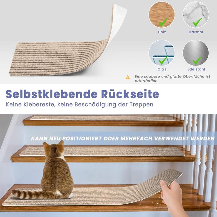 Килимки для сходів, самоклеючі килимки для внутрішніх сходів, 15 шт. , протиковзкі, ріжучі, багаторазові, для захисту домашніх тварин, людей похилого віку та дітей (бежевий, 76 см x 20 см) 76 см x 20 см бежевий