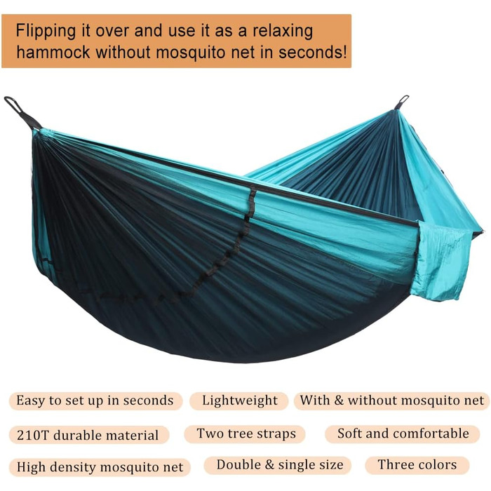 Гамак для кемпінгу з москітною сіткою, портативні дво- та одномісні гамаки з дерев&39яними ременями та карабінами, парашутний гамак для кемпінгу, походів, подорожей та піших прогулянок, синій та темно-синій, 300 x 200 см