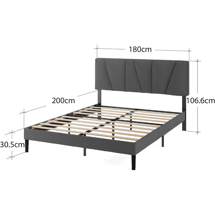 Ліжко Zinus Maya з м&39якою поверхнею 180x200 см з узголів&39ям - Високе ліжко 30 см 180x200 з дерев&39яною рейковою основою - Компактне пакування та легке складання - Темно-сірий 180200 см