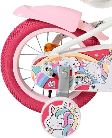 Дитячий велосипед Volare білий з сидінням-єдинорогом та рожевими ручками Ножне та ручне гальмо З додатковими колесами Комфорт та безпека Вік 35 років Легкий у збиранні Ідея для подарунка