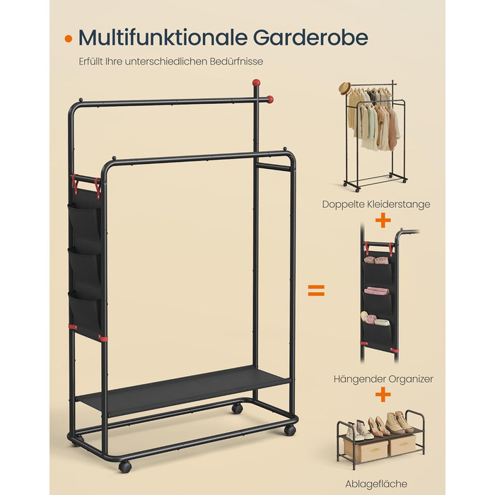 Вішалка для одягу на колесах, Підставка для гардеробу, 2 рейлінги для одягу, Полиця, Бічний органайзер, Гачки у формі сірників, Міцна, Спальня, Коридор, Чорний колір HSR171B01 50Г x 189.6В см