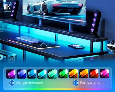 Ігровий стіл ODK зі світлодіодним освітленням, двосторонній ігровий стіл 168120 см з 2 розетками та 2 портами USB для зарядки, великий кутовий стіл із сітчастою полицею, чорний 168120 см чорний