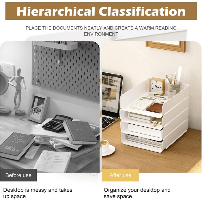 Чотирирівневий лоток для документів формату А4, багатофункціональний лоток для листів та документів з ПЕТ-пластику, штабелюваний офісний органайзер, білий - B