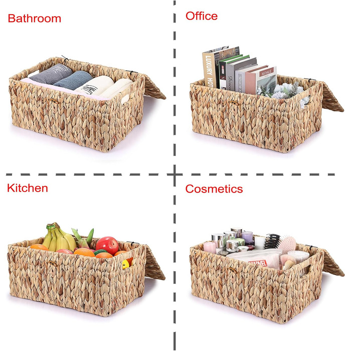 Натуральний кошик для зберігання речей з водяного гіацинта та морської трави. Плетена водонепроникна коробка для зберігання з кришкою. Для використання у вітальні, кухні, шафі для одягу, книг, фруктів, овочів та косметики. 40 x 28 x 19 см.