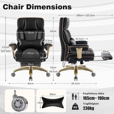 Ергономічне офісне поворотне крісло Hellove з пневматичною поперековою опорою, стілець зі штучної шкіри з підставкою для ніг, функцією нахилу та повороту, шумопоглинаючі колеса, чорний колір