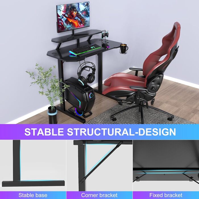 Ігровий стіл з підставкою для монітора, Т-подібний стіл, чорний, ергономічний комп&39ютерний стіл, покриття з вуглецевого волокна, ігровий ПК, тримач для напоїв, підставка для геймпада, тримач для навушників, 100x54x74 см