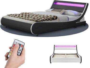 М'яке ліжко Juskys Valencia 140x200 см зі світлодіодним освітленням, рейковою рамою, узголів'ям та штучною шкірою - ліжко молодіжн