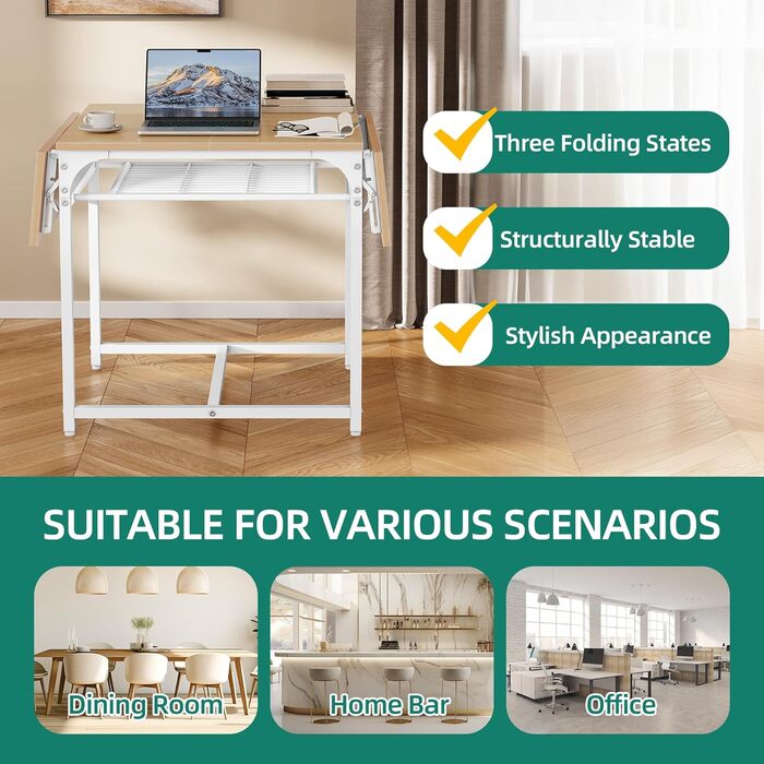 Розкладний обідній стіл YITAHOME, розкладний відкидний стіл з тримачем для зберігання та 4 регульованими ніжками, для 2-6 осіб, 120 x 78 x 75 см, жовтий дуб та білий