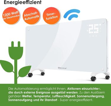 Скляний конвекторний обігрівач KESSER, електричний радіатор із застосунком, функцією Wi-Fi та пультом дистанційного керування Окремостоячий або настінний Сенсорний екран РК-дисплей Таймер 2500 Вт Білий