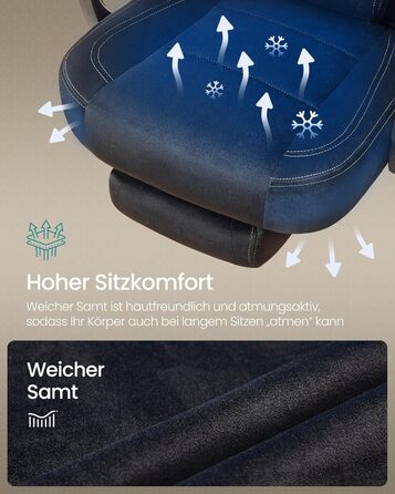 Ігрове крісло SONGMICS, офісне крісло, комп&39ютерне крісло, ергономічний дизайн, з підставкою для ніг, регульований підголівник, поперекова опора, вантажопідйомність 150 кг, чорний колір OBG077B08, оксамитова тканина чорного кольору