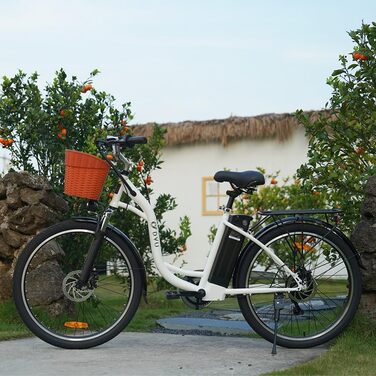 Електричний велосипед DYU e-bike, 26-дюймовий електричний велосипед з 6-швидкісним перемикачем Shimano, знімний акумулятор 12,5 Ач 36 В, регульована висота сидіння, міський велосипед з кошиком для дорослих міський приміський білий