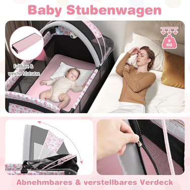 Дорожнє ліжечко COSTWAY 5 в 1 з матрацом, складне приліжкове ліжечко з регульованим балдахіном, дитяче ліжечко з пеленальний килимок, музичний мобіль та сумка для перенесення, дитяче дорожнє ліжечко до 15 кг (рожеві квіти)