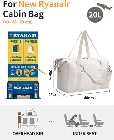 Ручна поклажа Narwey Ryanair 40x30x20 Дорожня сумка Сумка для ручної поклажі Спортивна сумка Водонепроникна сумка для вихідних у спортзал для жінок і чоловіків (бежева) A-beige Ryanair 40x30x20