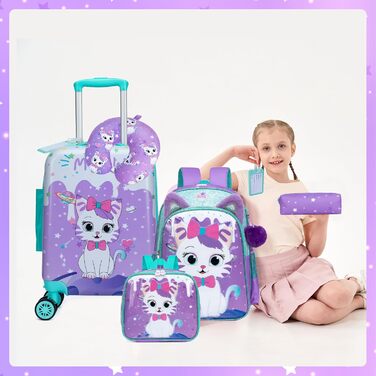 Дитячий набір валіз та рюкзака Кішечка (5 предметів) - валіза-каталка, ручна поклажа, дорожній набір, твердий корпус для дівчаток