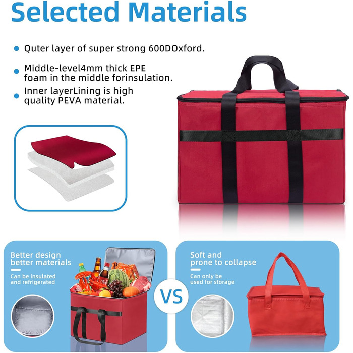 Велика складна сумка-холодильник об&39ємом 38 літрів, термосумка для покупок, вміщує 20 кг, ідеально підходить для ізольованих сумок для покупок, сумок для пікніка та подорожей на природі. Червоного кольору.