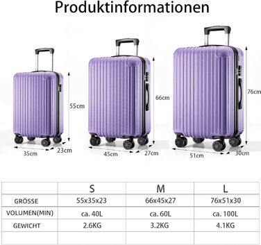 Ручна валіза Voyager 55x35x23 см, валіза з жорстким корпусом та візком, маленька, легка дорожня валіза з 4 колесами, кодовий замок, світло-фіолетовий, розмір S