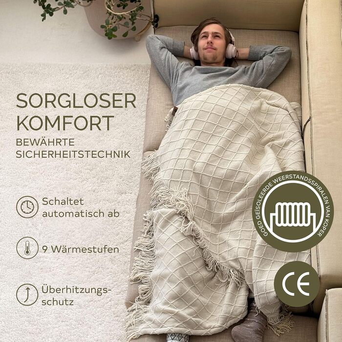 Ковдра з підігрівом Groenland BOHEM 180 x 130 см Затишна ковдра з підігрівом, 9 режимами нагріву та таймером автоматичного вимкнення до 9 годин Електрична ковдра з підігрівом та автоматичним вимиканням Ковдра з підігрівом, можна прати в пральній машині, к
