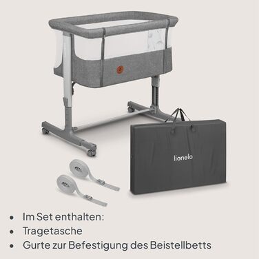 Дитяче ліжечко Lionelo Aurora 3-в-1 (до 9 кг), приліжкове ліжечко, колиска, регулювання висоти та нахилу матраца, 4 колеса з гальмами, ергономічний матрац, сумка для зберігання, сірий колір, великий розмір