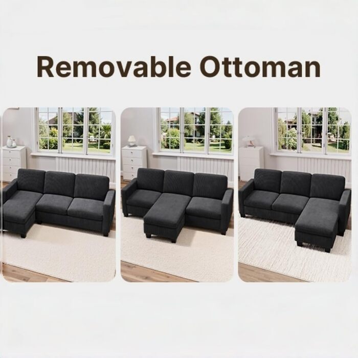 Г-подібний 3-місний кутовий диван Xbro з висувною підставкою для ніг, невеликий кутовий диван з м&39якої вельветової тканини, 188 136,5 89 см, темно-сірий/чорний