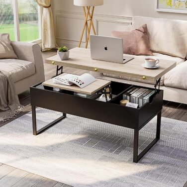 Розсувний журнальний столик з регульованою висотою, шухлядами та відкритим відділенням, коричнево-чорний, легкий підйом та закриття, більші приховані відділення