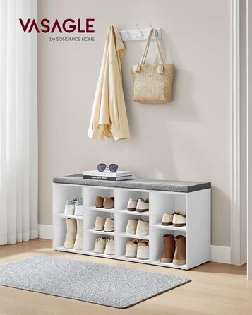 Лавка для взуття VASAGLE, полиця для взуття із сидінням, лавка для зберігання речей, добре оббита, лавка для передпокою з 10 відділеннями, регульовані полиці, для спальні, 30 x 104 x 48 см, біло-сірий LHS10WT білий сірий