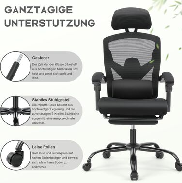 Ергономічне офісне крісло DUMOS, письмове крісло зі зручними підлокітниками, оснащене зручною поперековою опорою та підставкою для ніг, підходить для домашнього використання, C-3509-Чорний, 26 x 39 x 50,75 дюймів