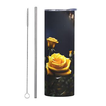 Кухоль з прямою трубочкою, красиві жовті троянди, принт, дорожній кухоль, підходить для кемпінгу, офісу та дому, 590 мл