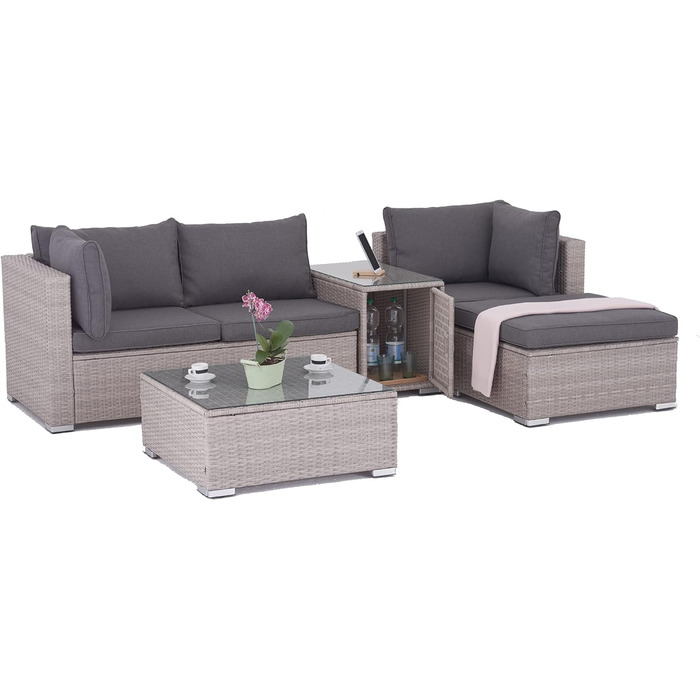 Насолоджуйтесь набором для відпочинку Fit Rattan Poly Rattan Lounge Меблі з 3-місного дивана, табуретки, столу з місцем для зберігання та столом для зберігання зі скляною стільницею