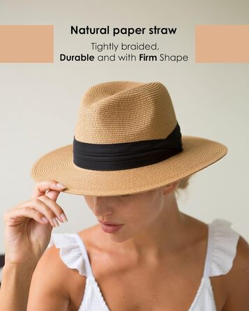 Унісекс Панама Капелюх Широкий козирок Сонячний капелюх для чоловіків та жінок Пляжний капелюх Захист від ультрафіолету Літній капелюх Регульований солом&39яний капелюх L-XL Хакі Чорна стрічка