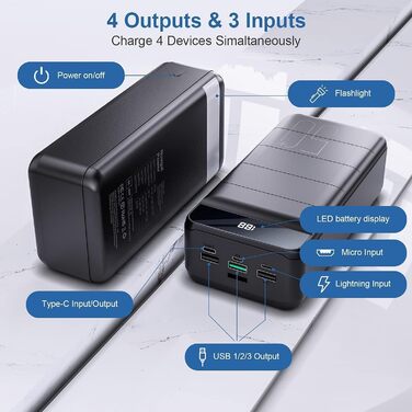 Великої ємності, PD 22,5W QC 4.0 швидка зарядка зовнішня батарея USB-C 3 виходи та 3 входи з ліхтариком, світлодіодний дисплей Power Bank, сумісний із Samsung iPad Android тощо., 50000mAh