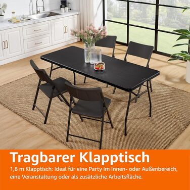 Розкладний стіл Storeo Basics, прямокутний, з ручкою для перенесення, для використання в приміщенні та на вулиці, портативний, легкий, дорожній стіл, для пікніка, кемпінгу, чорний, 182 x 75 x 73 см (183 см) чорного кольору
