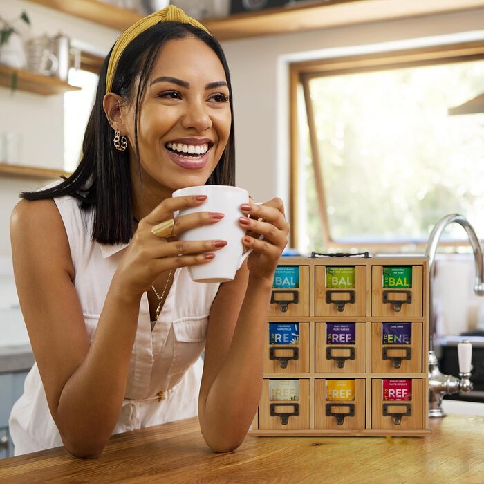 Органайзер для чаю Relaxdays, 9 відділень, бамбук, ВxШxГ 29 x 30 x 11,5 см, для стояння або підвішування, для зберігання чаю, натуральний