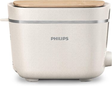 Тостер Philips Eco Conscious Edition - 2 слоти для тостів, 8 рівнів, насадка для булочки, функція розморожування, виготовлений з відпрацьованої кулінарної олії, шовковий білий матовий (HD2640/10)